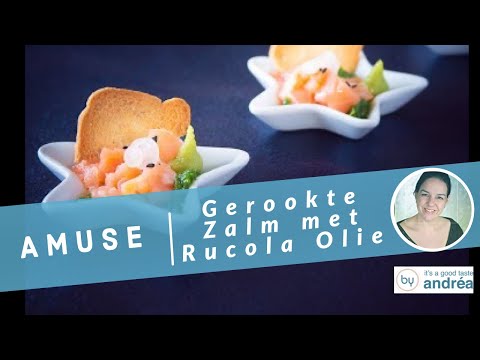 Hoe maak je een kerst amuse van gerookte zalm met rucola olie