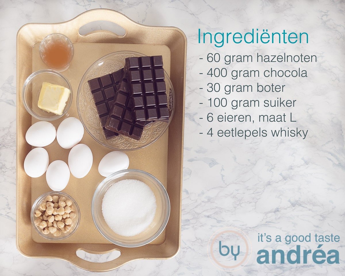 Ingredienten chocolade mousse met whisky en hazelnoten