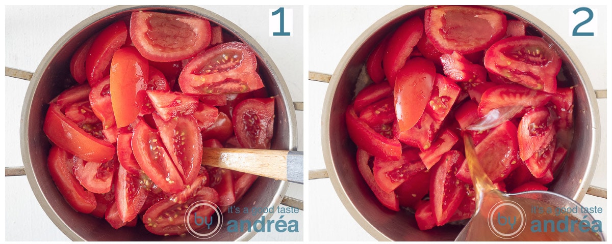 Voeg de tomaten en de bouillon toe