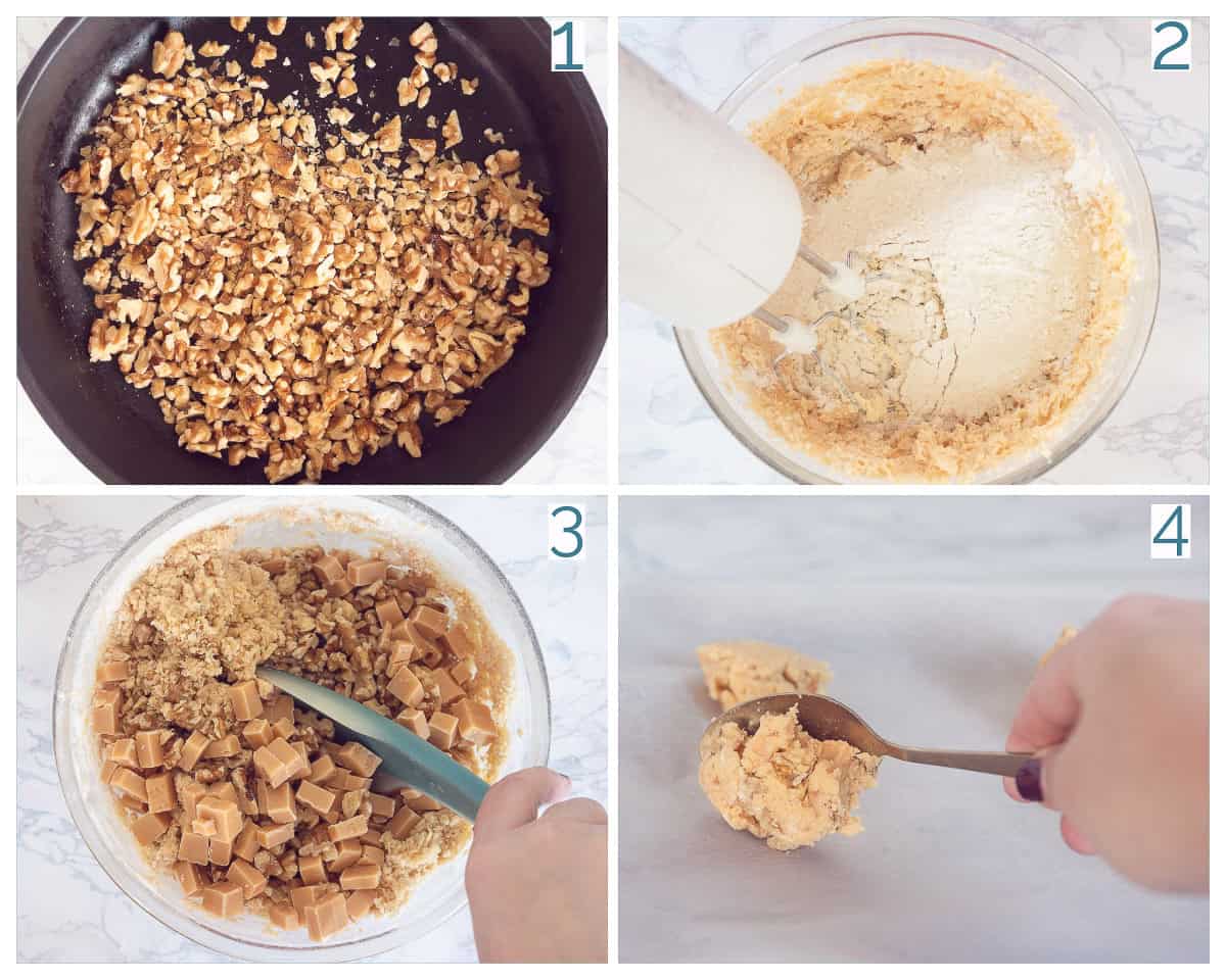 4 collage foto Walnootkoekjes met Karamel