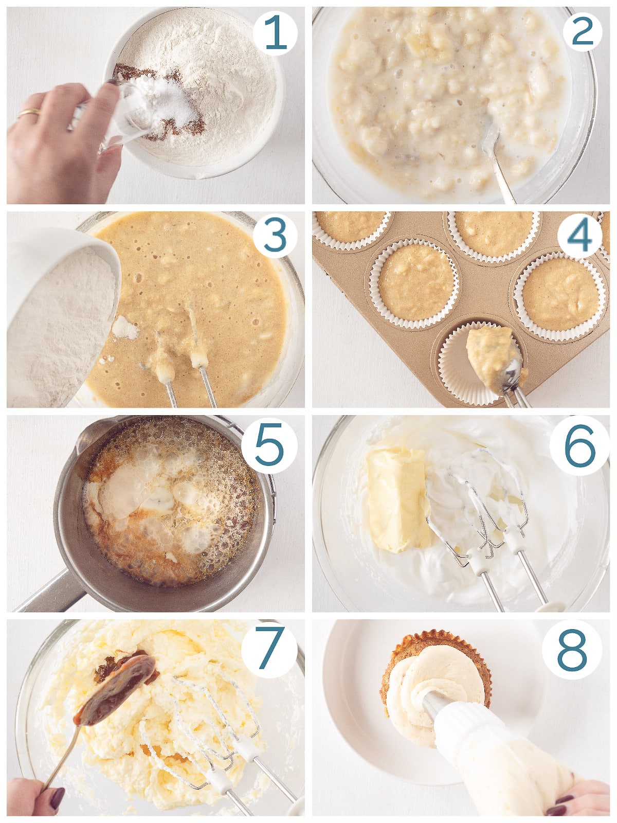 8 stappen collage bereiding Bananen Cupcakes met Karamel Botercrème