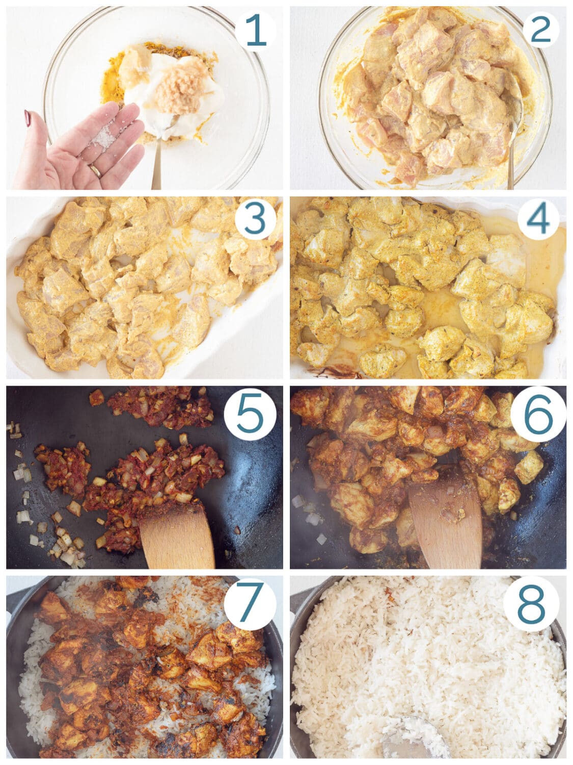Foto collage van het maken van kip biryani in 8 stappen