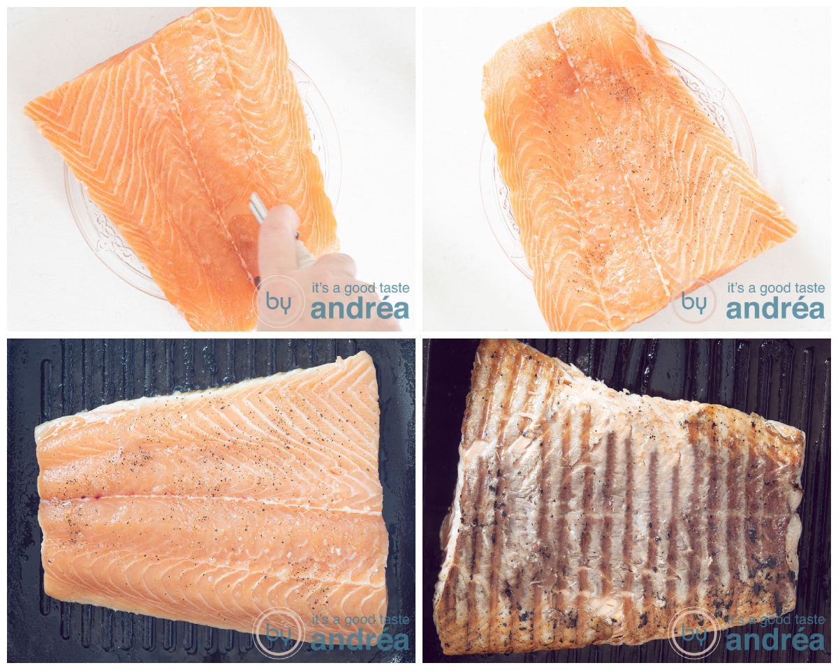 Zalm die wordt gekruid en vervolgens gegrild in vier stappen