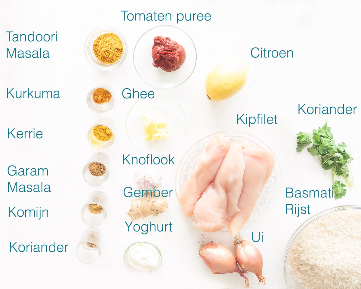 Ingredienten Biryani kip op een witte achtergrond