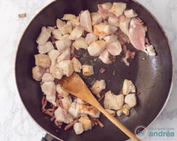 Een pan met aangebakken kip blokjes.