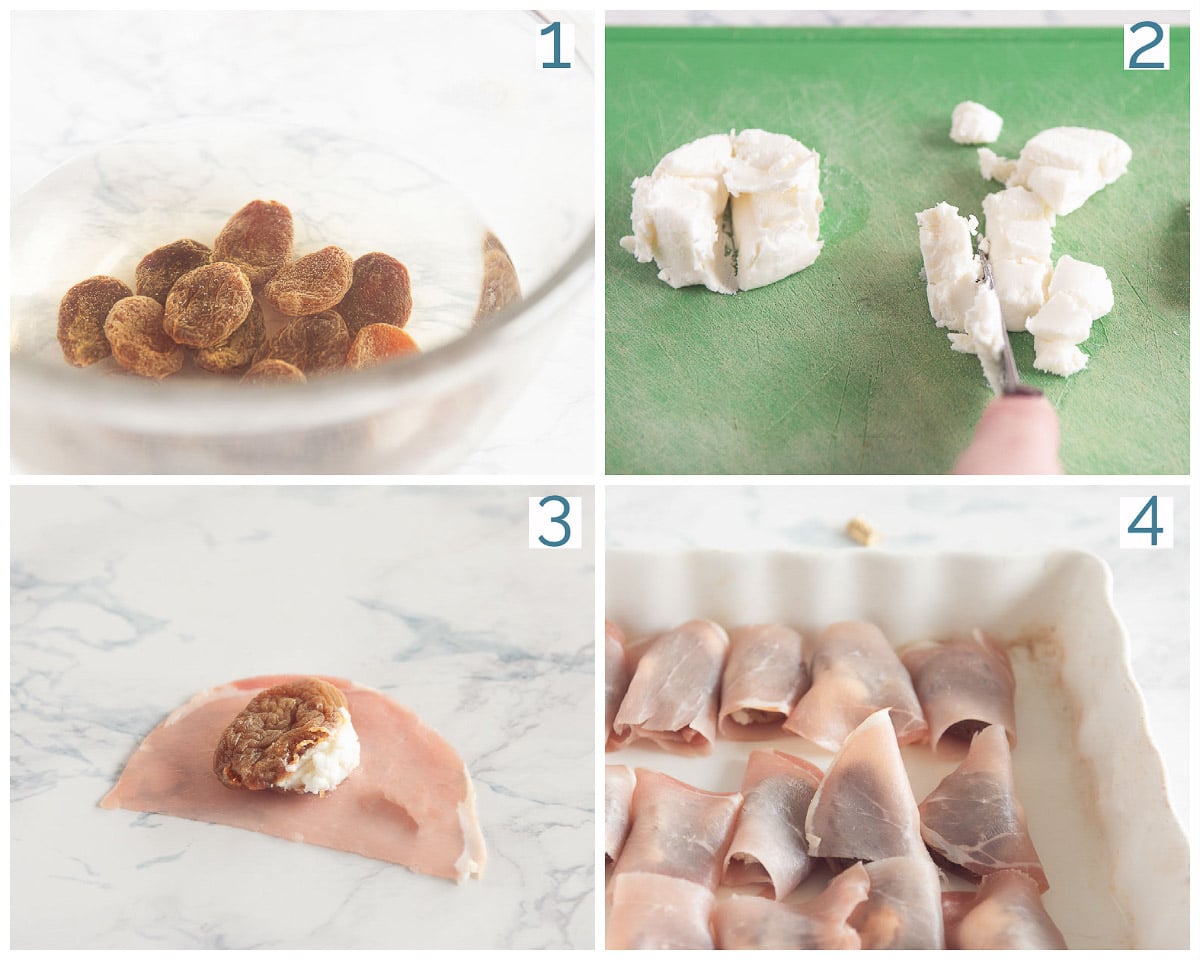 Bereidingsfoto's in vier stappen hoe maak je in spek gewikkelde geitenkaas gevulde abrikozen