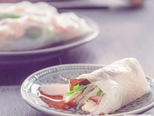 A square picture with a grey plate with a spring roll, vietnamese style with chicken and shrimp.
