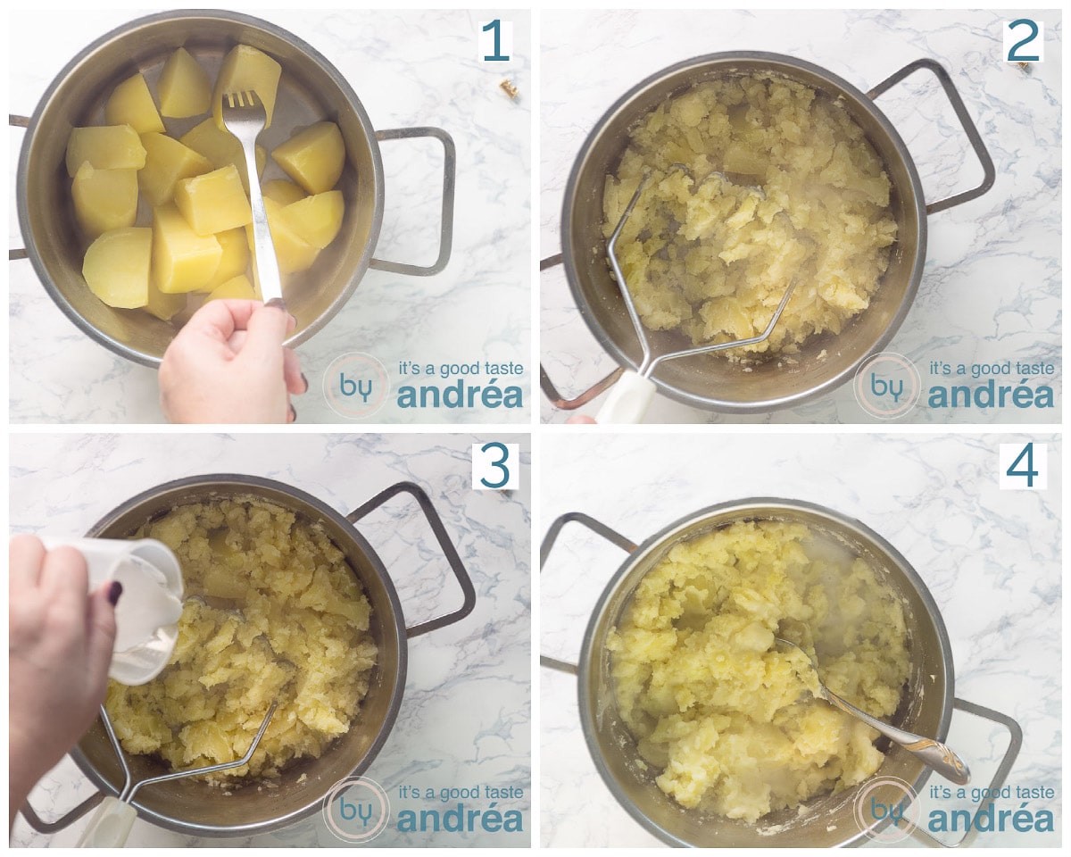 Stamp de gekookte aardappelen fijn, voeg kokosmelk toe en roer alles door