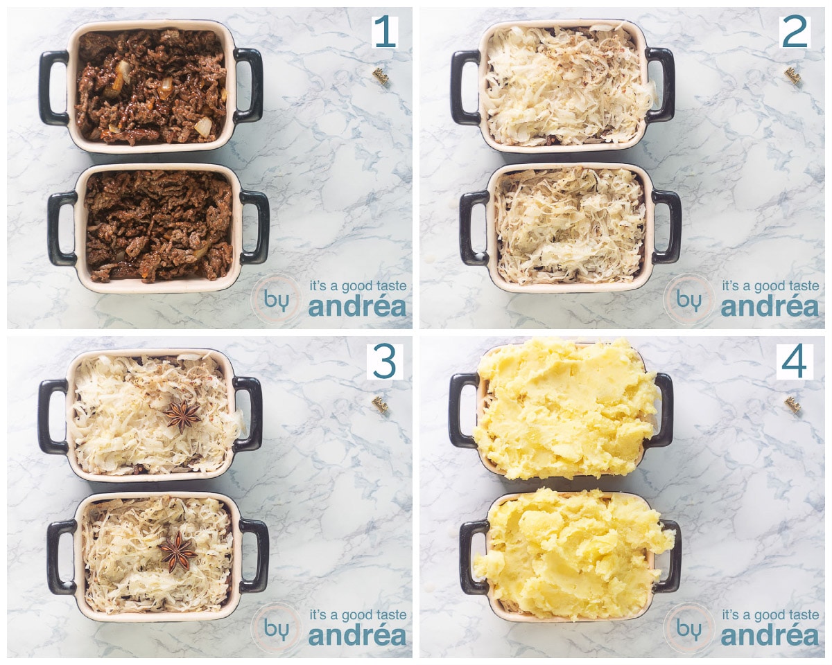 Vier foto's waarbij twee ovenschaaltjes langzaam gevuld worden met zuurkool ovenschotel