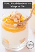 Een glas gevuld met witte chocolademousse met een toplaag van mango