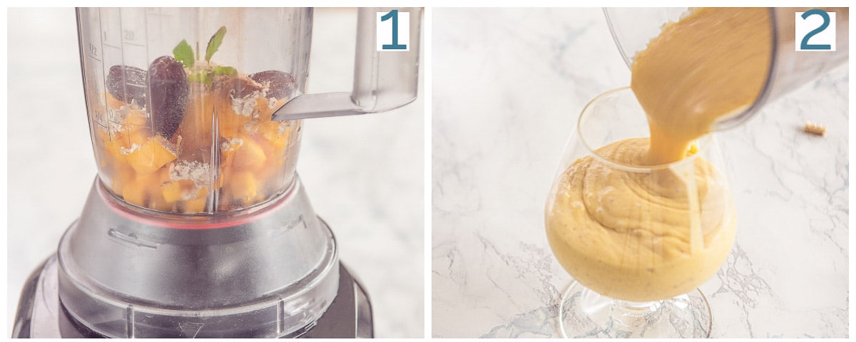 Bereiding in 2 foto's van een smoothie met Kokos en mango