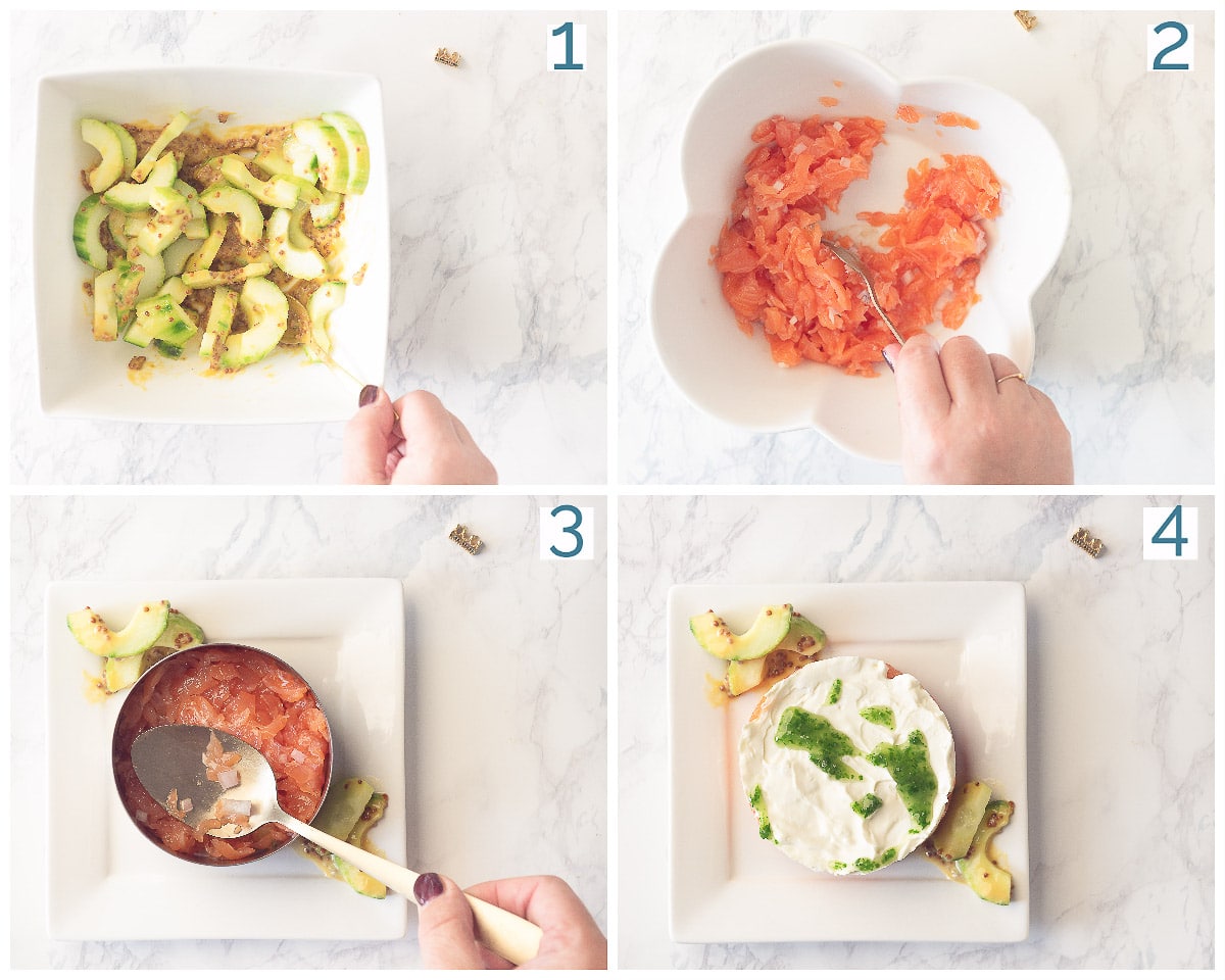 4 foto's bereiding collage Gerookte Zalm Geitenkaas Torentjes