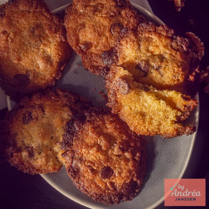 Een vierkante foto met koekjes op een grijze schaal. Een koekje is doormidden gebroken en de helften liggen op elkaar.