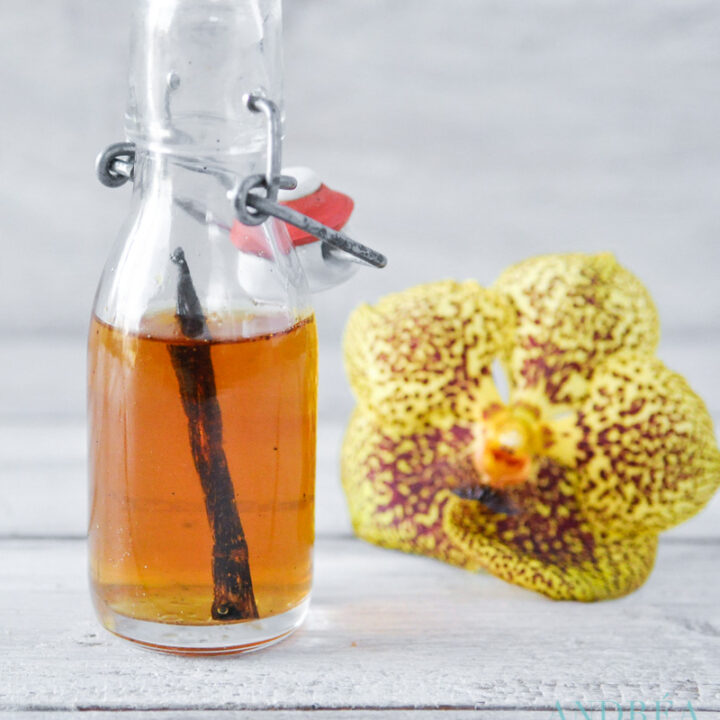 een flesje met Homemade vanille-extract en een vanille orchidee