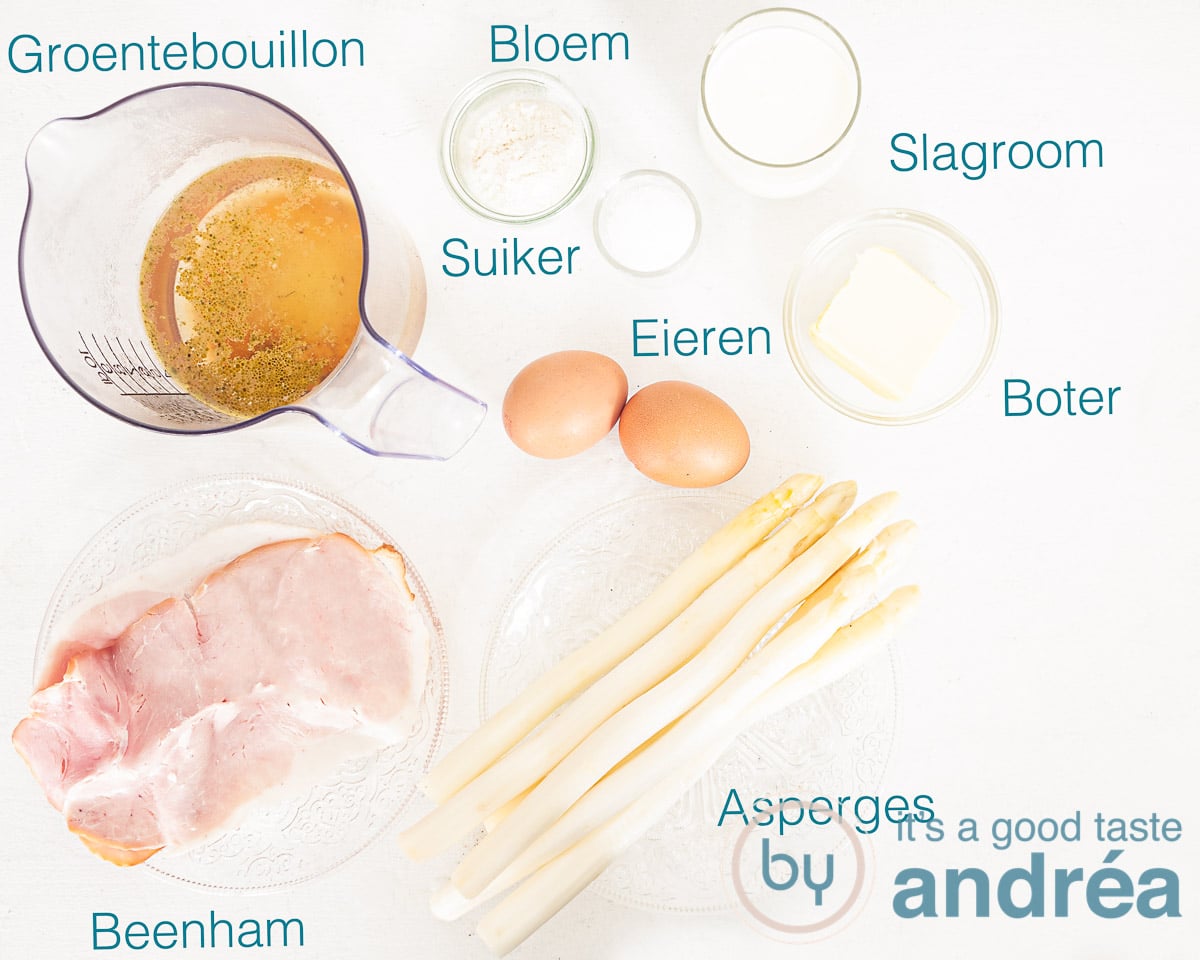 Ingrediënten romige aspergesoep met ham en ei