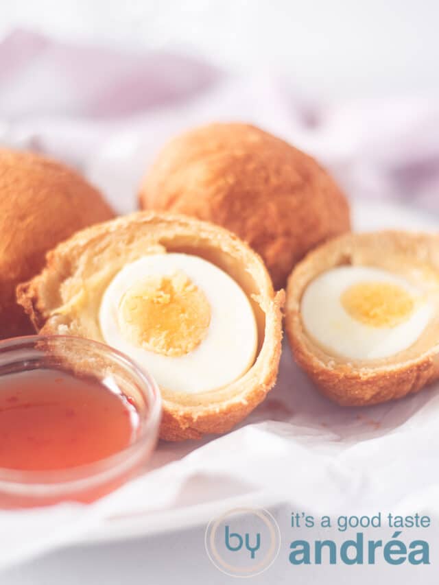 African Egg balls on a plate with sweet chili sauce