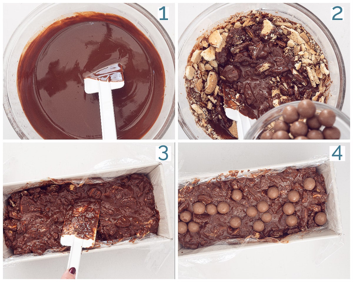 Bereiding 4 stappen Arretjescake met Maltesers in een collage van vier foto's