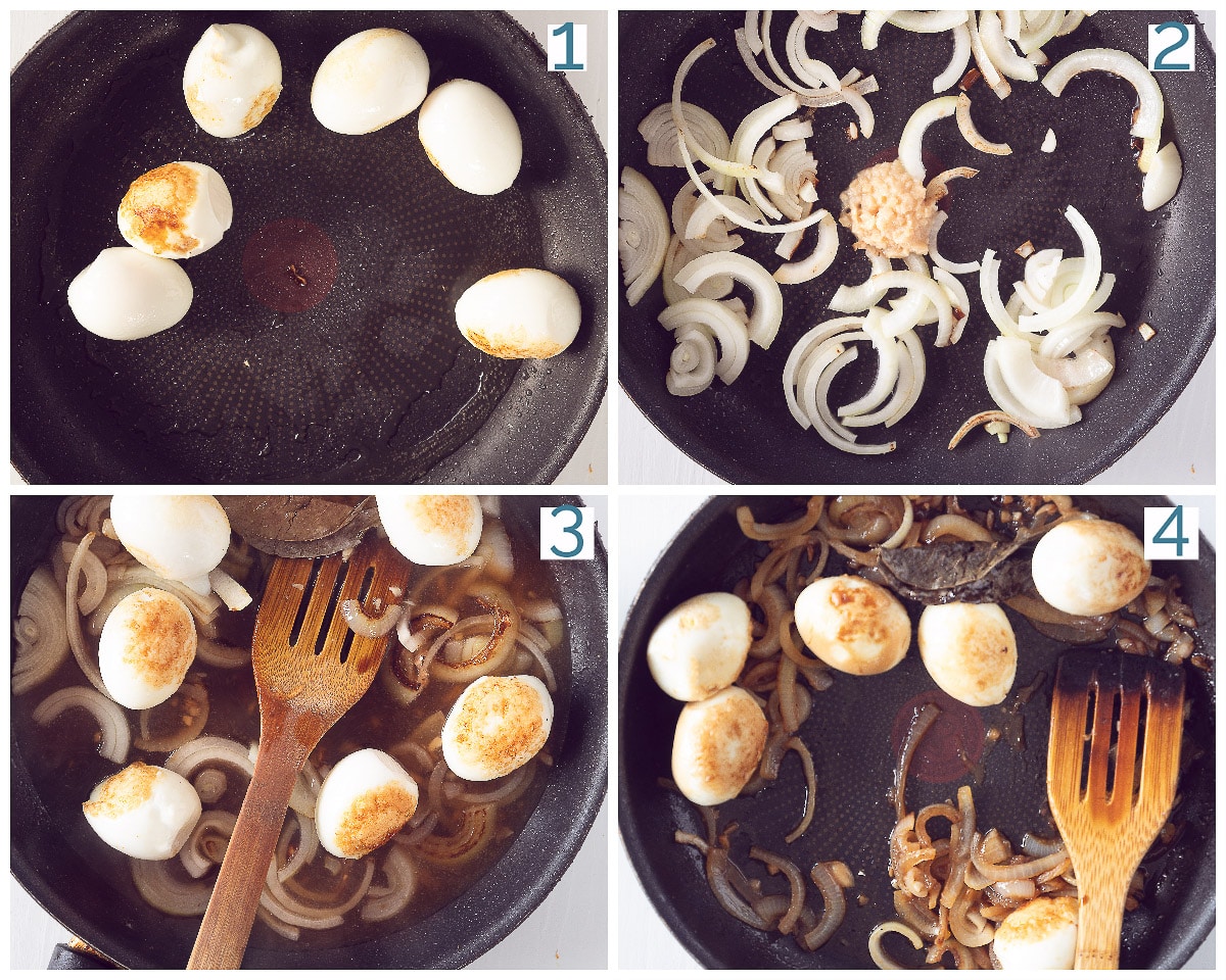4 foto's bereiding collage Balinese Eieren Telor Masak Bali