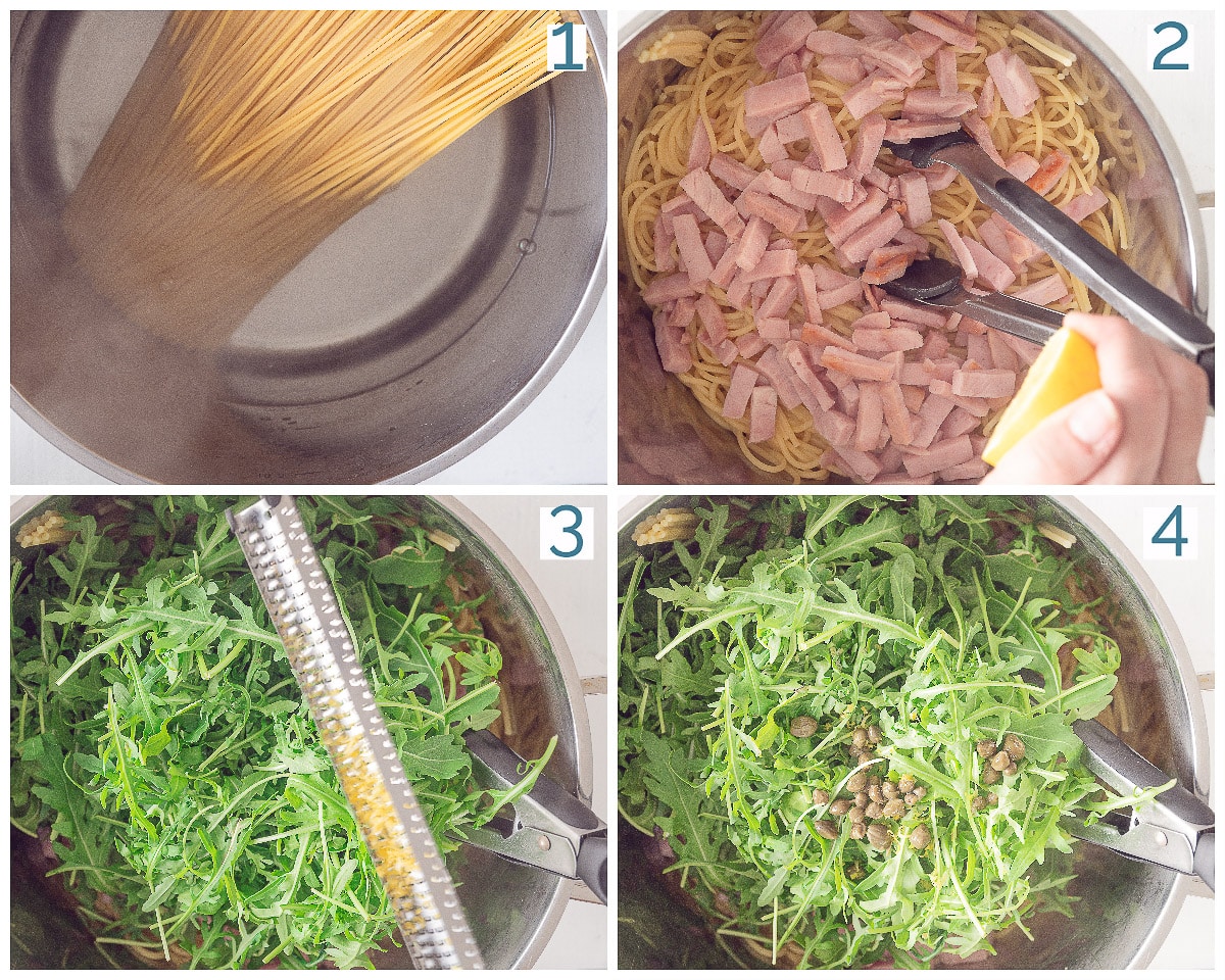 4 photos preparation collage Summer Spaghetti with Ham and Rucola