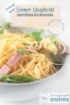 Een deel van een grijs schaaltje gevuld met spaghetti, ham en rucola op een witte ondergrond. Een tekst overlay bovenin zomer spaghetti met ham en rucola, avondeten, makkelijk recept, Italiaans