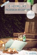 Een picknickkleed met kussens, heerlijke picknick snacks en drinken. Boven een tekstoverlay: 6 heerlijke picknick recepten, makkelijke recepten