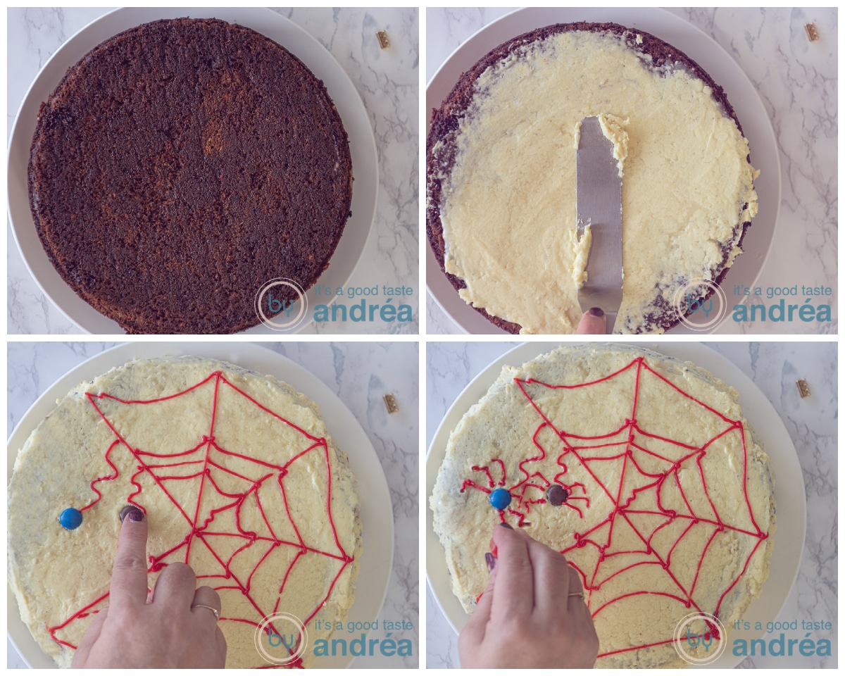 Bestrijk de taart met frosting en teken een spinnenweb
