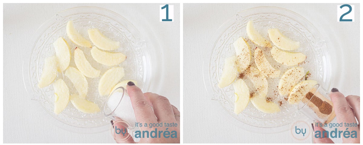 Sprinkle the apple slices with sugar and cinnamon