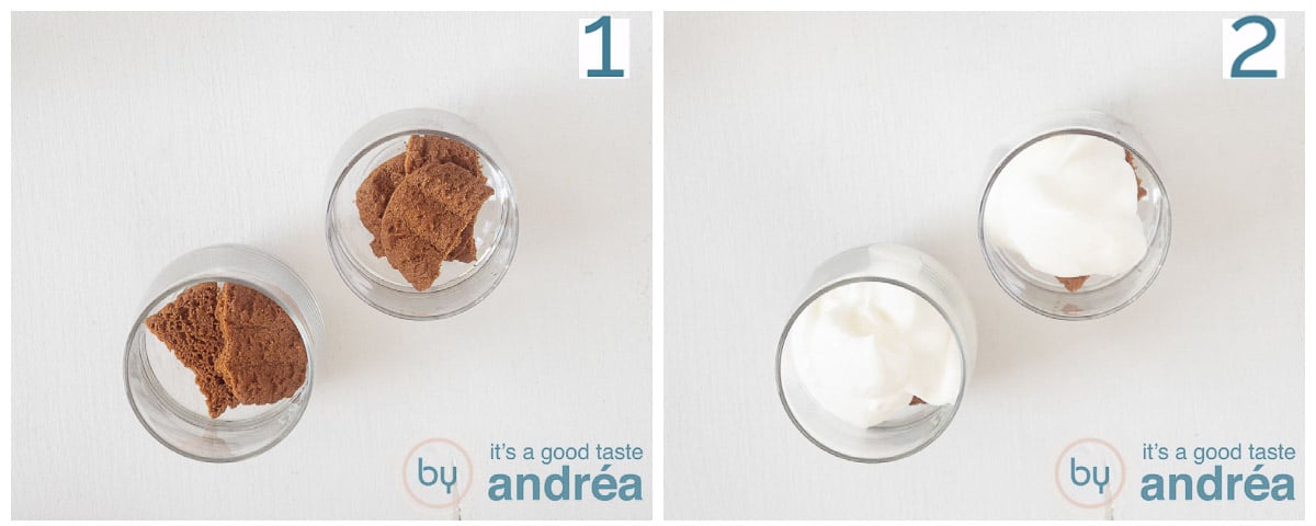 Crumble the cake at the bottom of the glasses and scoop vanilla whipped cream on top