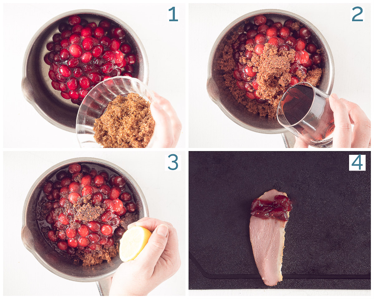 Foto collage 4 stappen amuse van eend, en cranberry