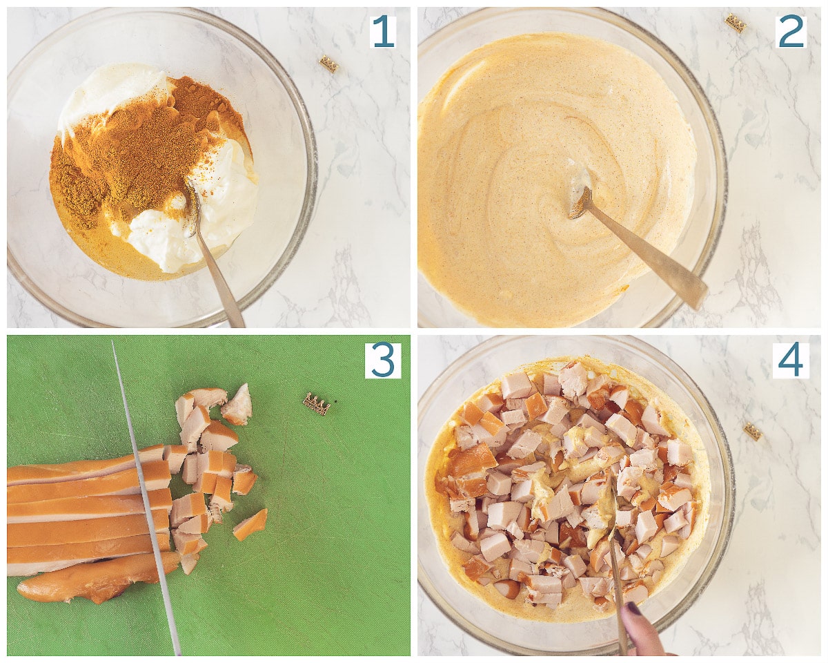 4 collage foto voor het maken van gerookte kip in kerriesaus