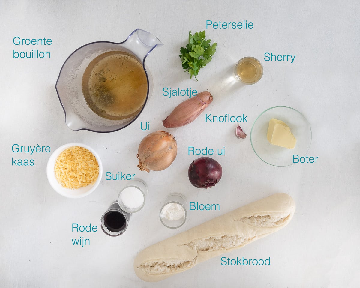 Ingrediënten Rode Uiensoep individueel gelabeld op een witte achtergrond
