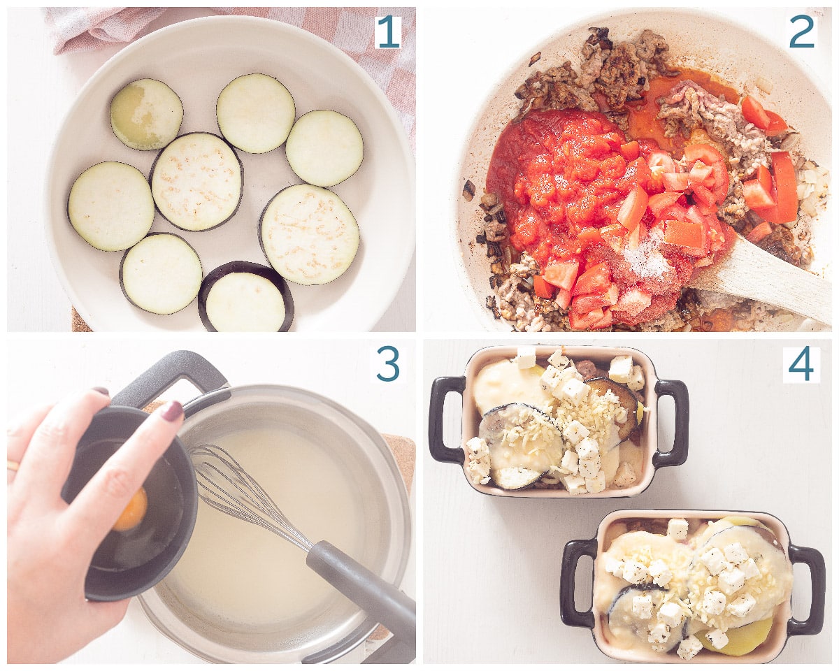 4 steps collage One Person Greek Moussaka Casserole