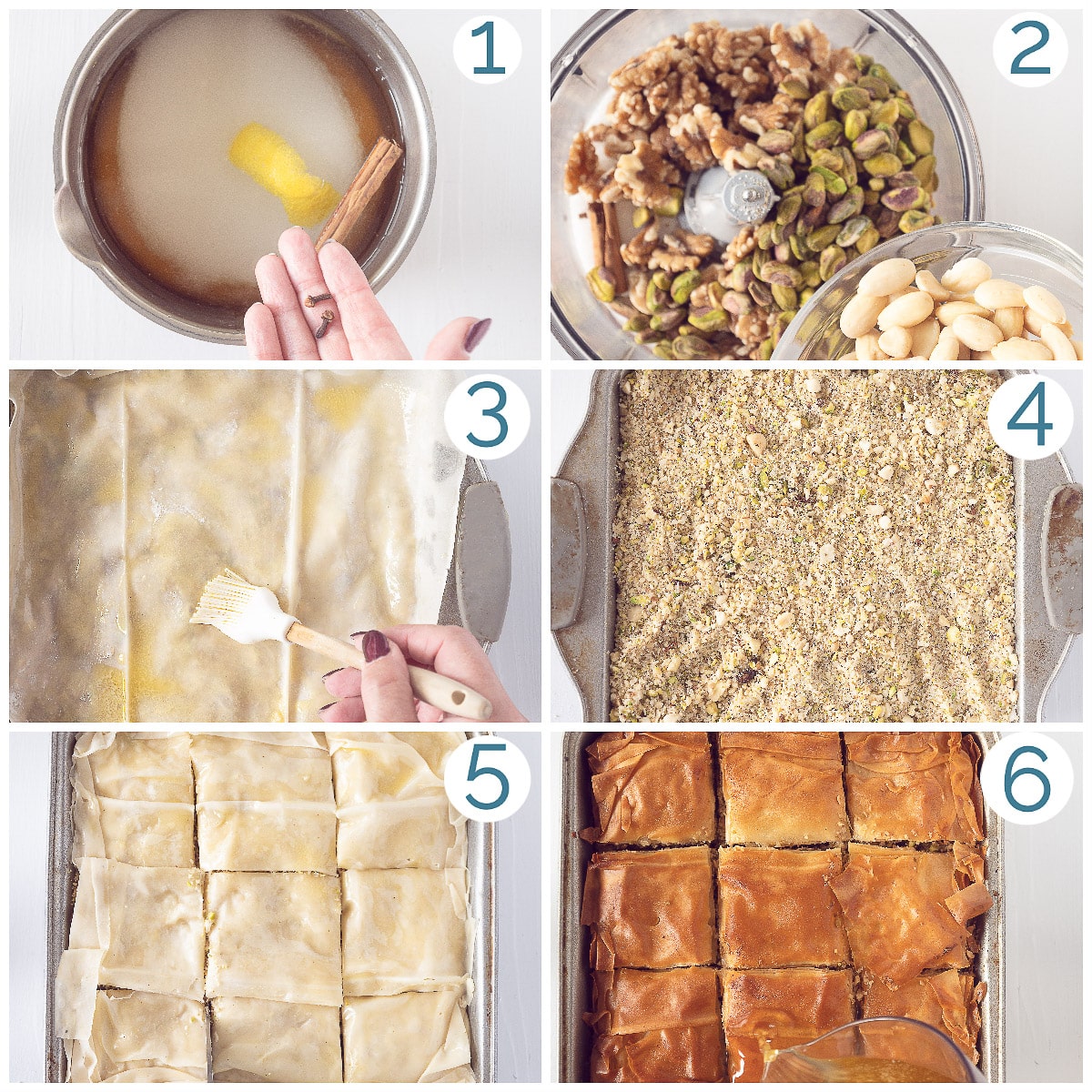 Bereiding 6 foto's Griekse Baklava met Filodeeg