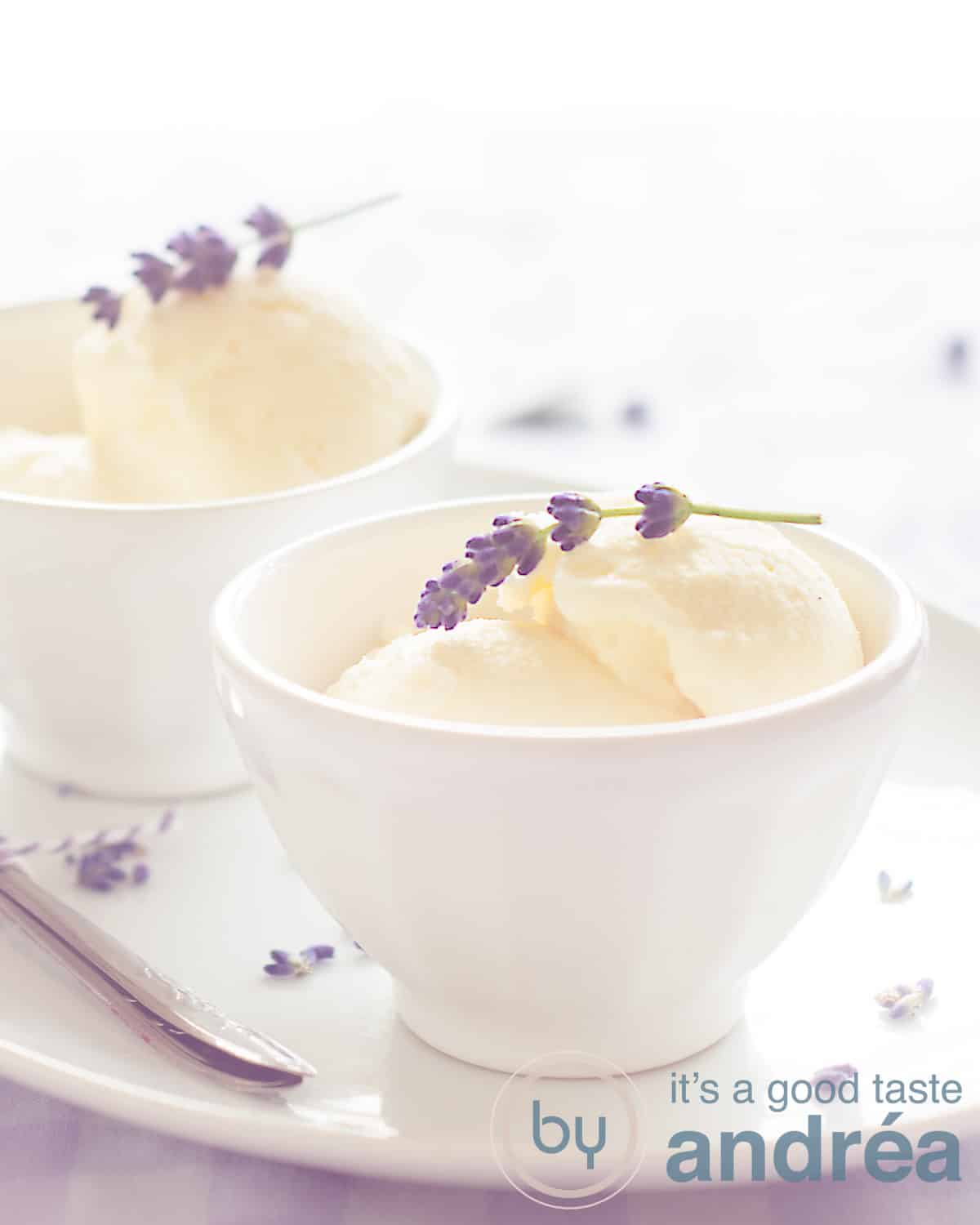 Midden vooraan een witte kom met een lavendel-ijsbol en wat verse lavendel erbovenop. Een tweede kom er net achter. Een witte achtergrond.