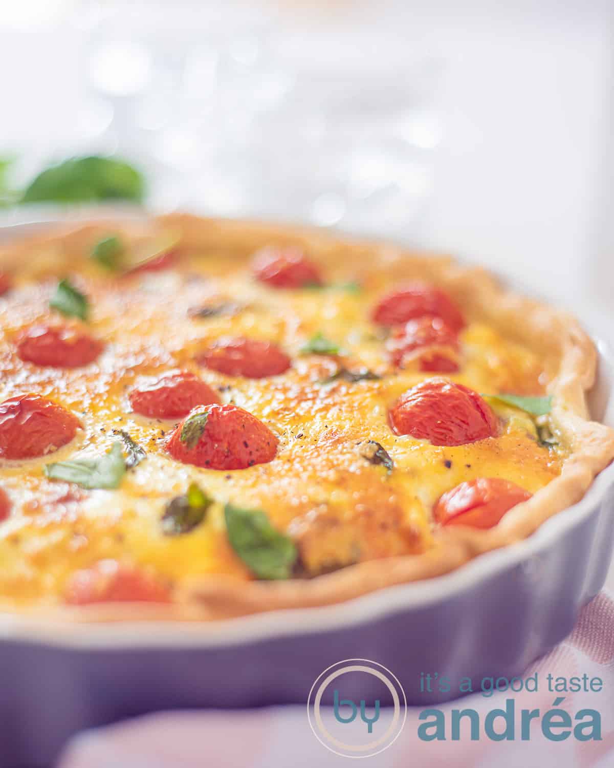 Half an oven dish filled with tomato, mozzarella and basil. A savory cake golden yellow. A white background.