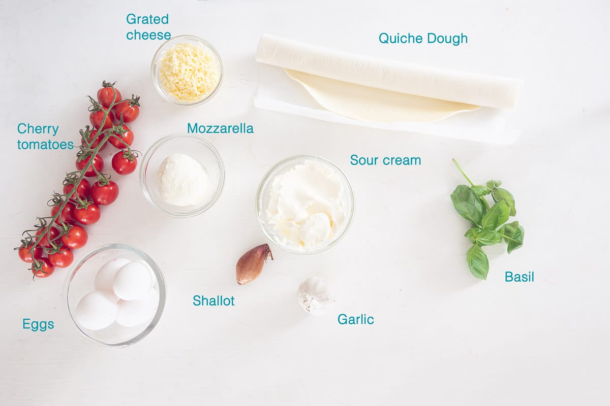 Ingredients Caprese Quiche, a white background, individually labelled