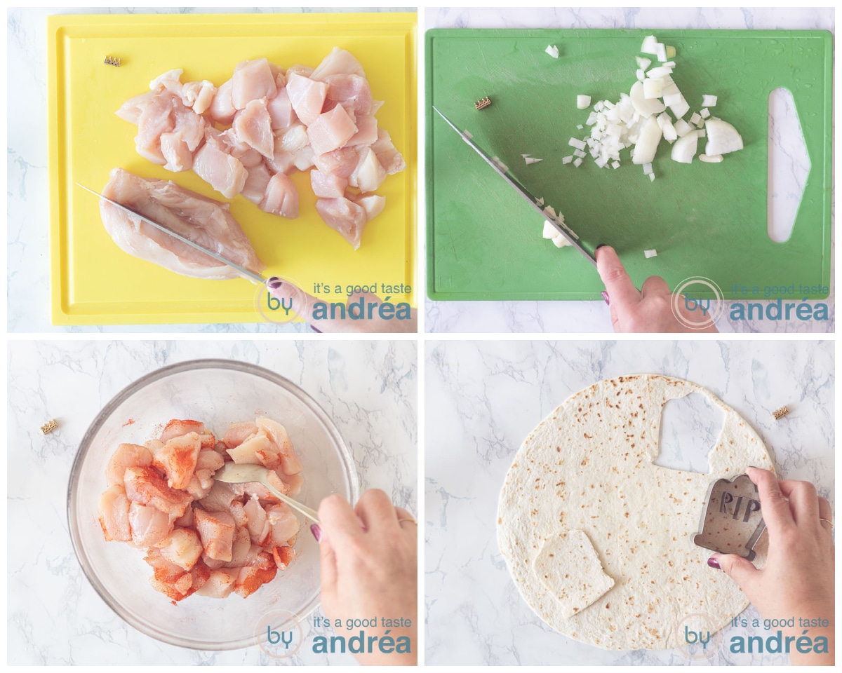 Snij de kip in blokjes en kruid hem. Snij ook de knoflook klein en tortilla