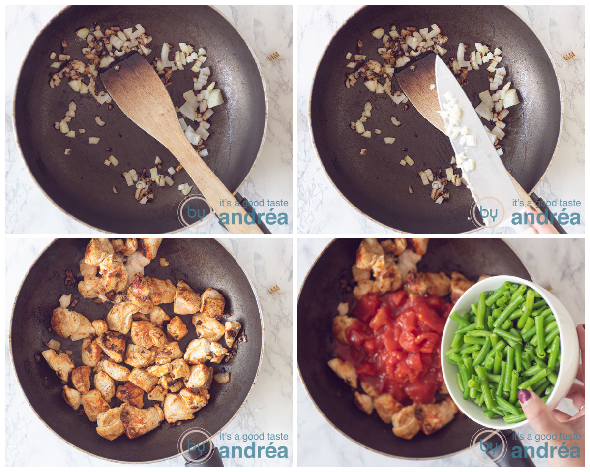 Bak ui, knoflook, kip, tomatenblokjes en sperziebonen even aan