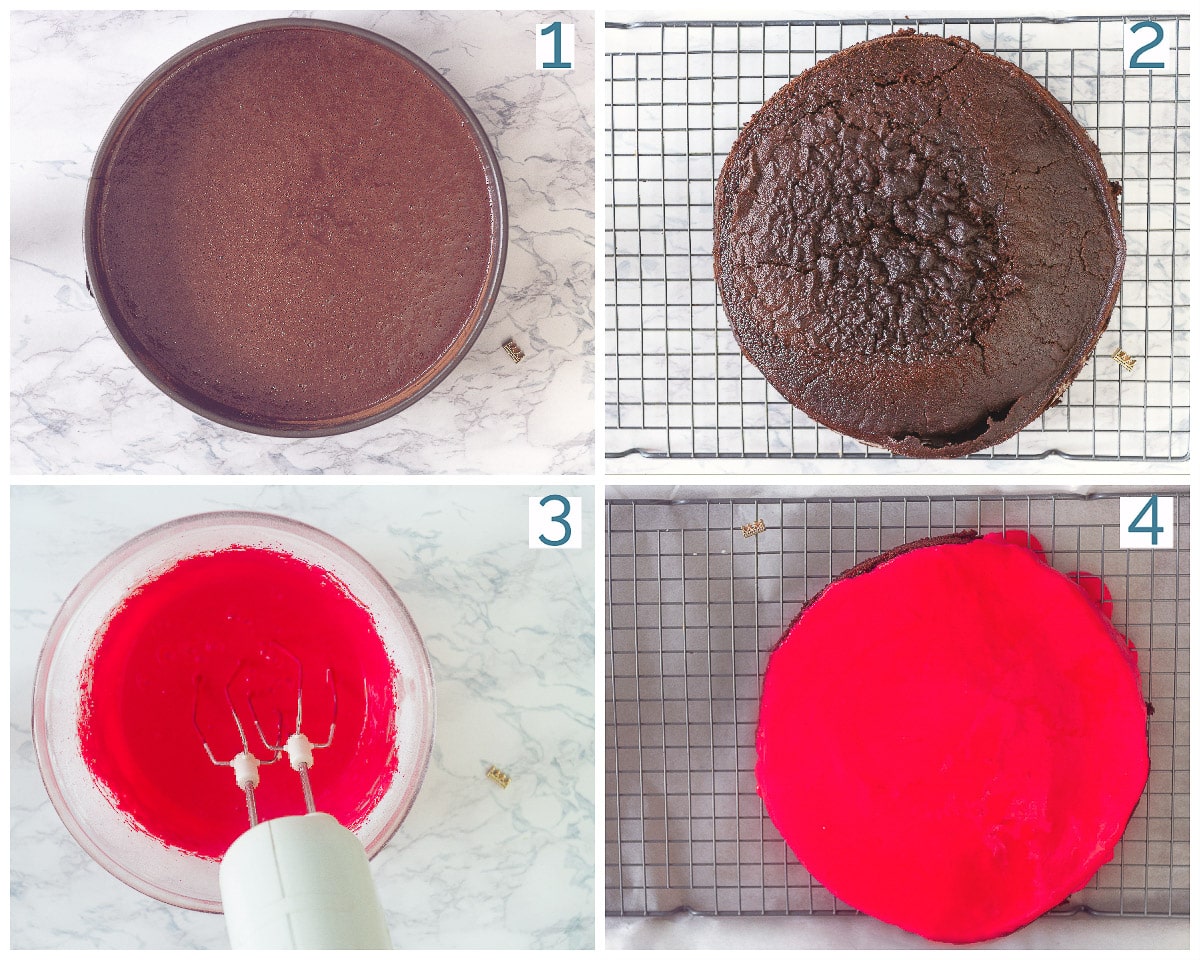 Bestuif een bakvorm met cacao en bekleed met een bakpapier