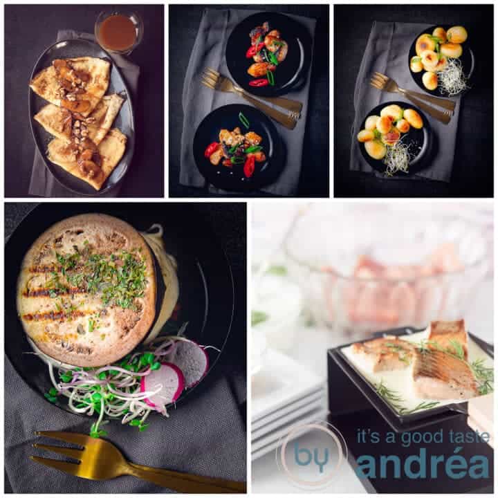 Vierkant met een vijftal gourmet recepten, dessert, kip, krieltjes, vegetarisch en zalm