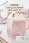 Een roze mok met slagroom, Baileys en warme chocolademelk op een witte ondergrond. Links voorin twee gouden rietjes. Een tekstoverlay: warme chocolademelk met Baileys, drankjes, makkelijk recept, snel