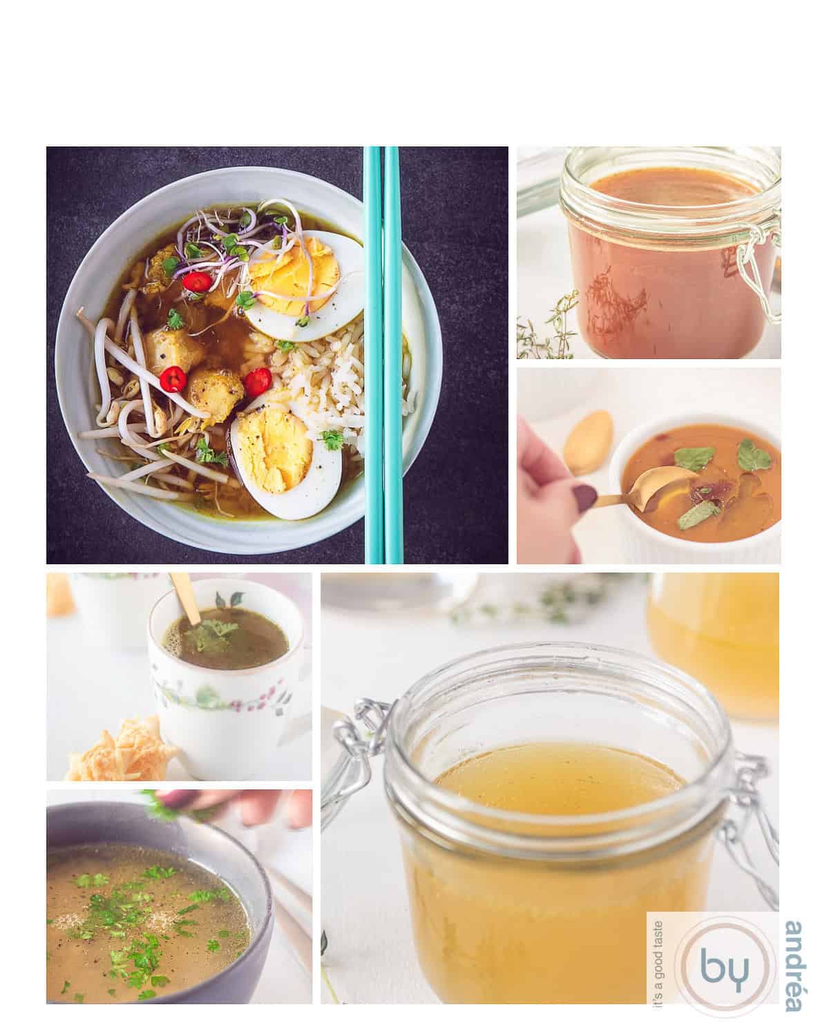 Een hoogtefoto met een collage met 6 soep foto's