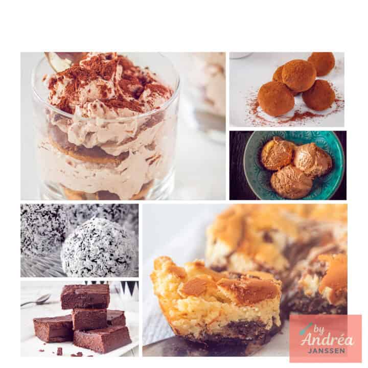 Een vierkante foto met een collage van zes foto's met chocolade recepten