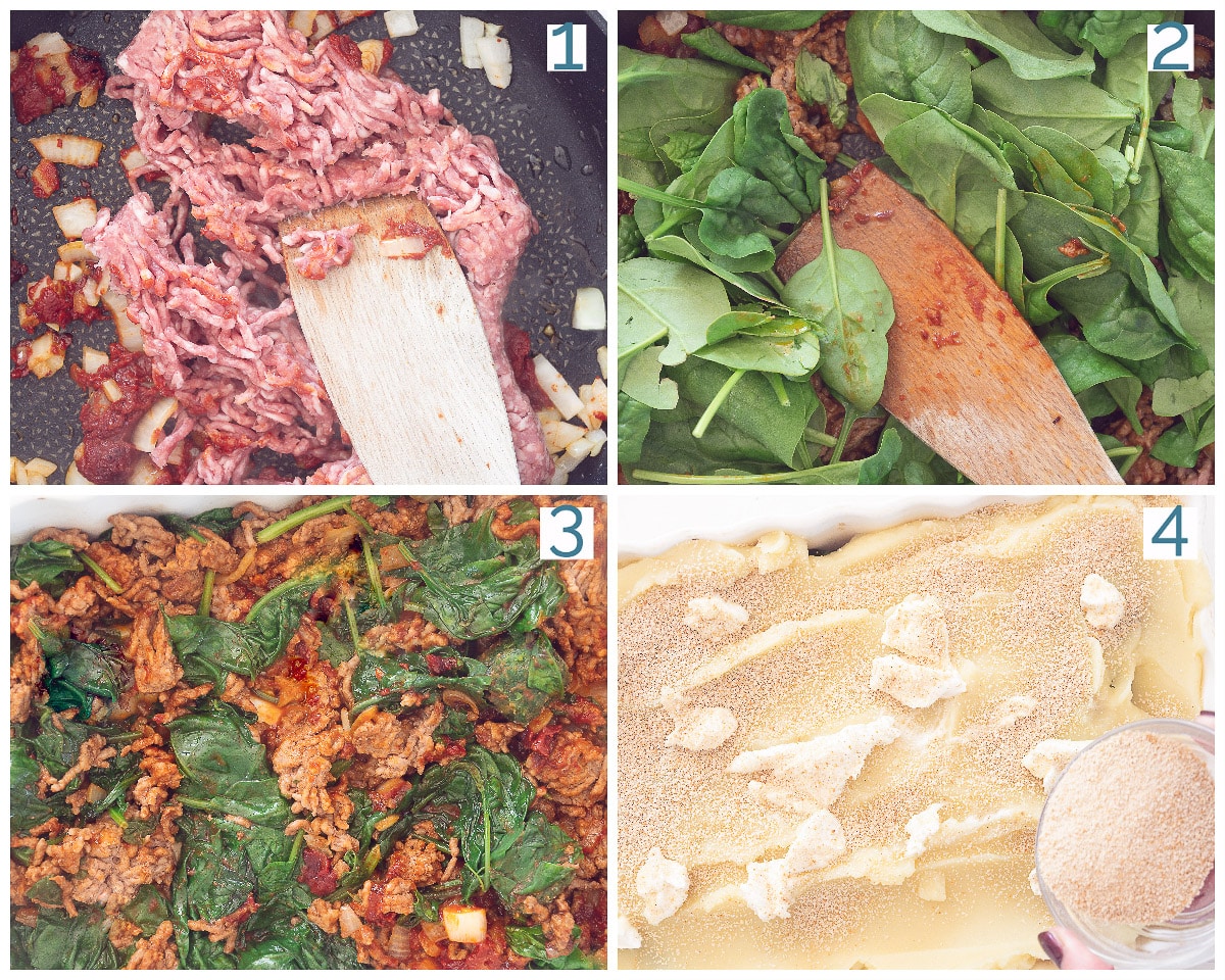 Collage 4 photos preparation Potato and Ground Beef Casserole with Spinach