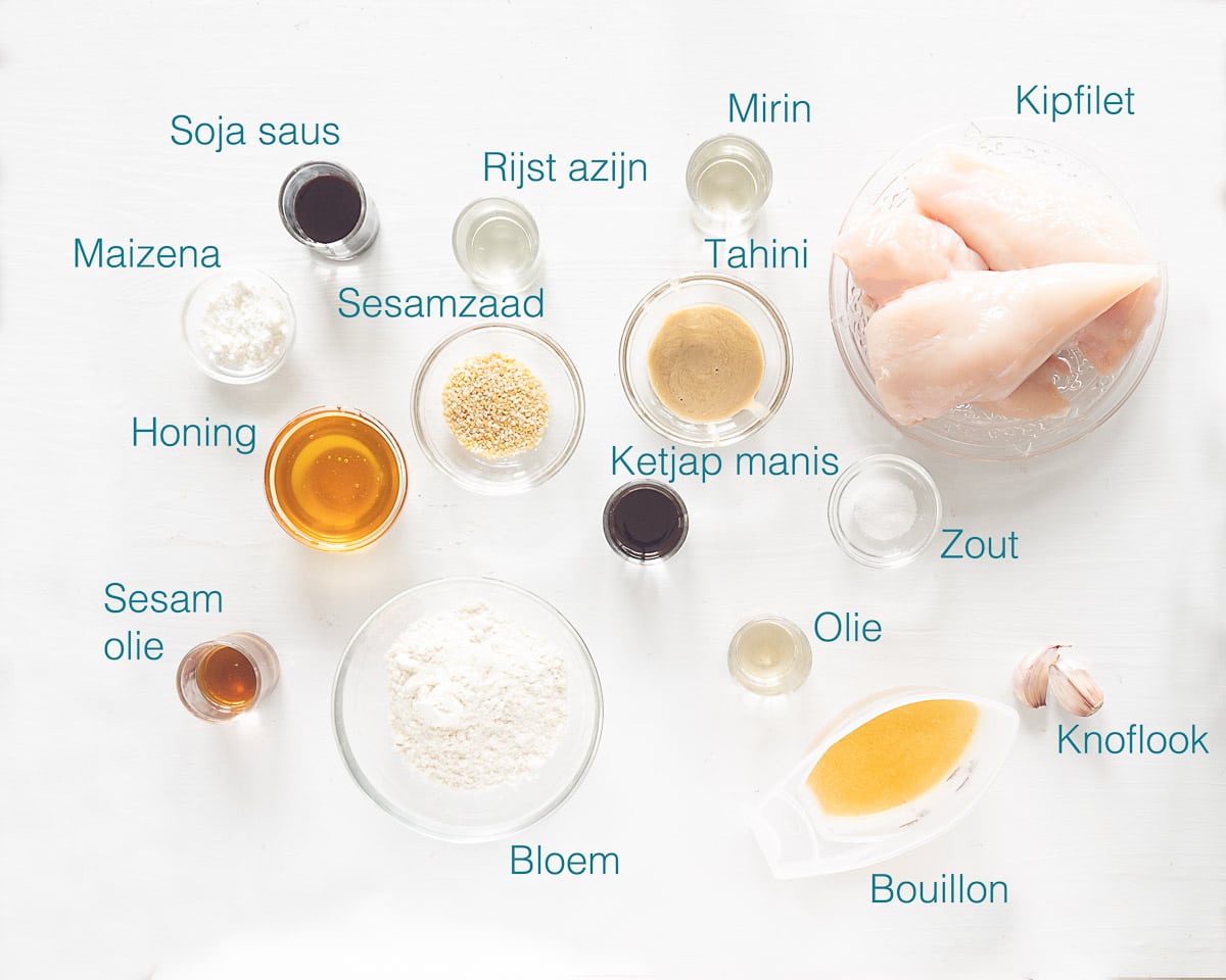 Ingredienten krokante Chinese honing sesam kip