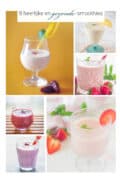 6 smoothie foto's in een collage. Bovenin een tekst: 8 heerlijke en gezonde smoothies