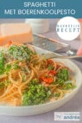 Een deel van een wit bord met spaghetti, pesto van boerenkool en zongedroogde tomaten met pecorino kaas. Een tekst bovenin: makkelijk recept, spaghetti met boerenkoolpesto