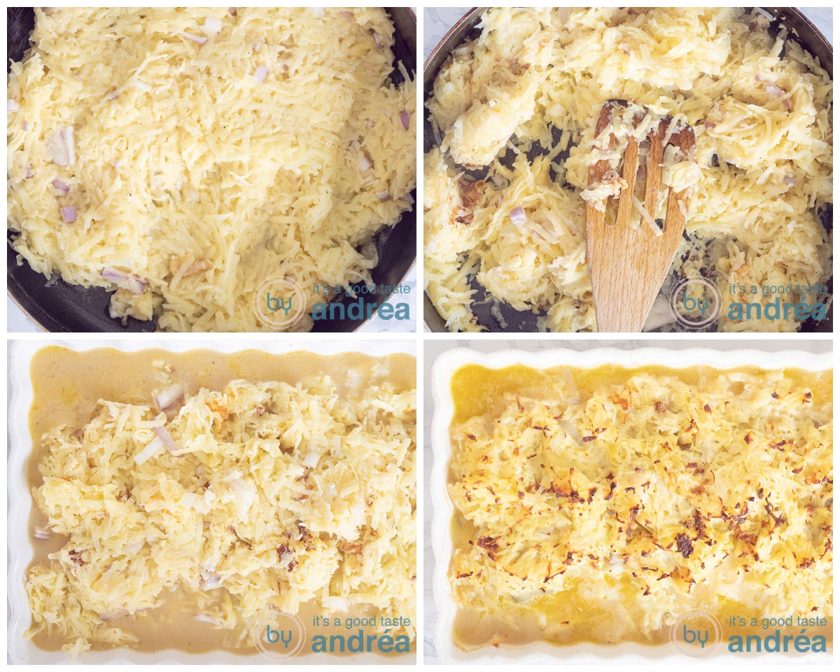 Bak de rösti aan in de pan en bedek de vis ermee. Bak in de oven.