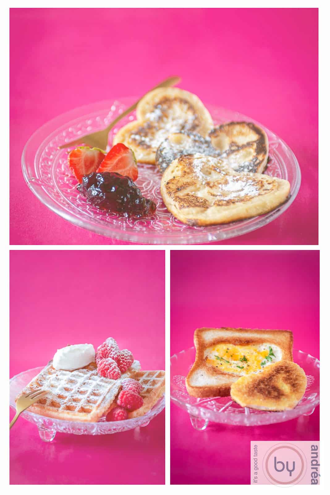 Een hoogtefoto van een collage van 3 valentijnsontbijt ideeen foto's.