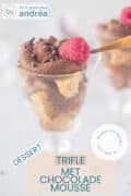 Een glas met een chocolade trifle en framboos op de voorgrond. Een tweede glas er schuin achter op een witte ondergrond. Onderin een tekstoverlay: dessert, trifle met chocolade mousse, makkelijk recept, in een glas